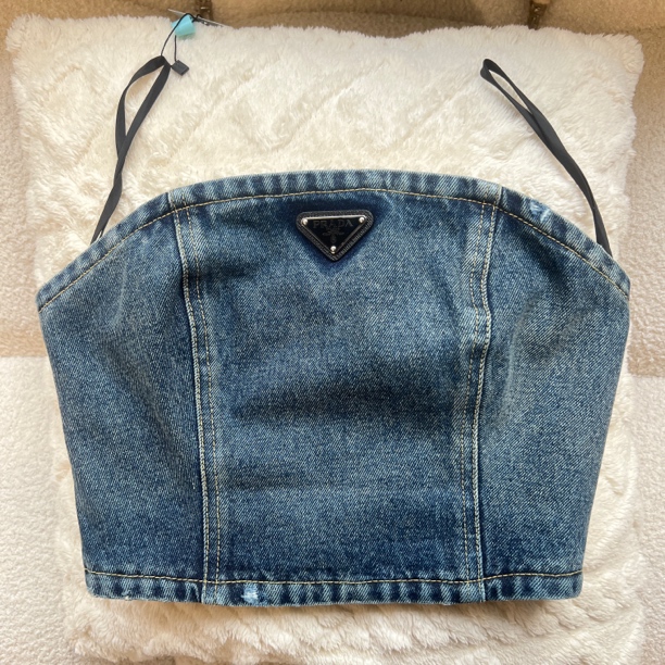 99新 Prada/普拉达 wdf280/纯微标logo短款休闲牛仔抹胸 棉 36码