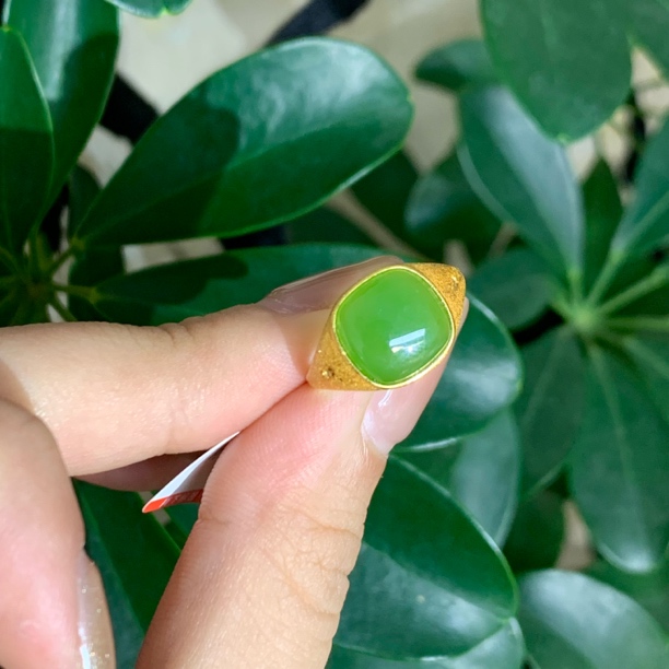 天然和田玉碧玉s925银镶嵌方糖拉丝银戒指A84