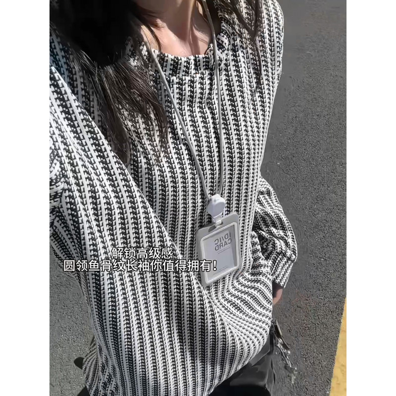 muxiaofei/慕小菲美式复古竖条纹雪尼尔小香风圆领长袖T恤卫衣