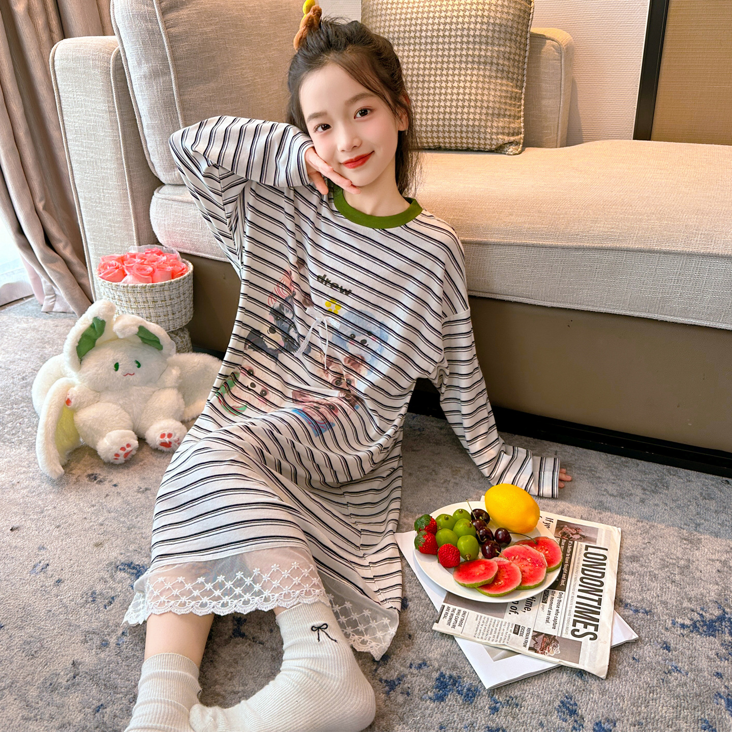 儿童睡裙春秋2025新款女童纯棉条纹睡衣裙蕾丝花边公主大童家居裙