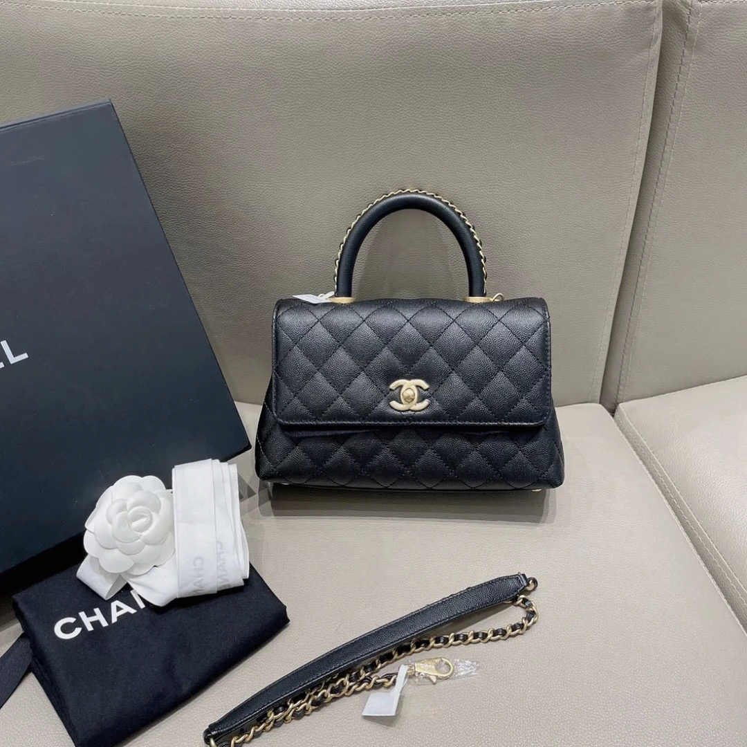 99新 Chanel/香奈儿 Chanel黑金皮穿链手柄handle小号25110135-01