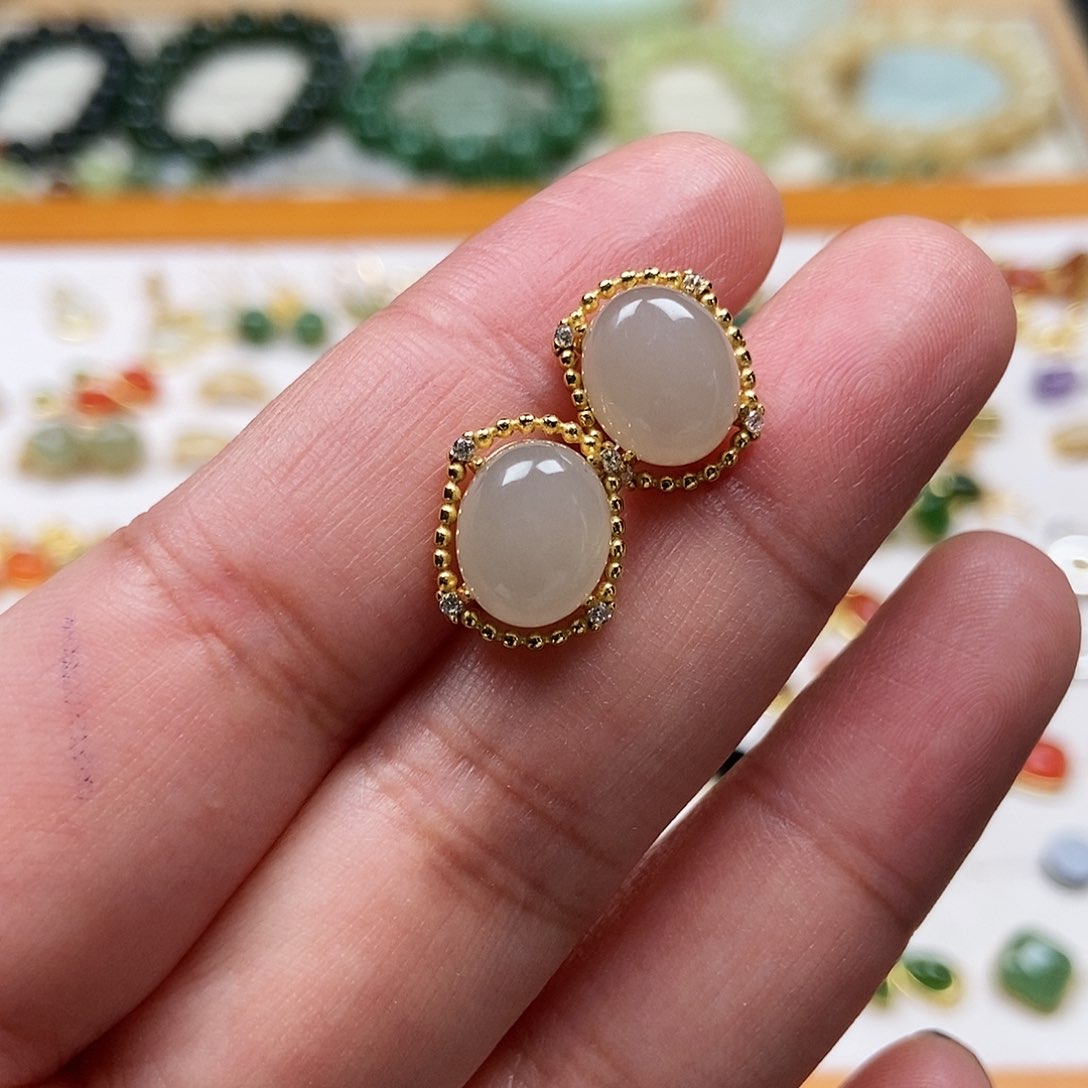 和田玉耳饰银S925镶嵌