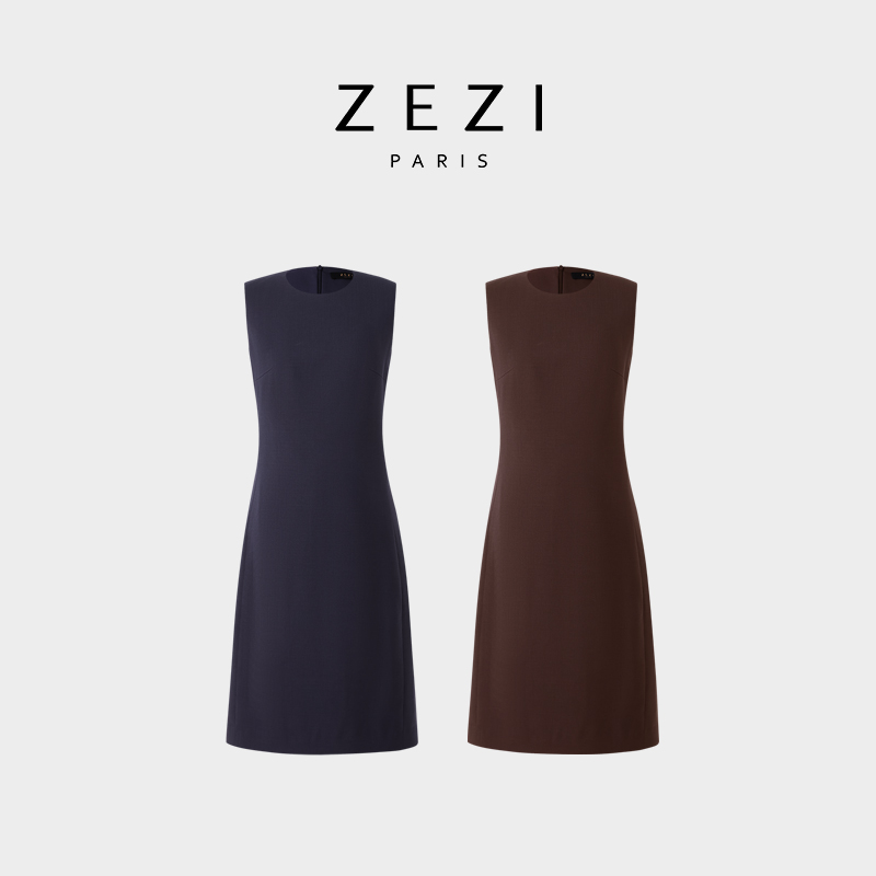 ZEZI【权力套装】100%羊毛连衣裙无袖圆领长裙商务通勤中长裙时尚新