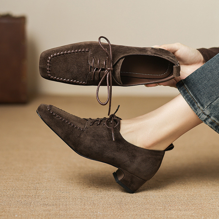 方头口单鞋2026春季新款牛皮中跟一脚蹬工作鞋小皮鞋舒适不累脚