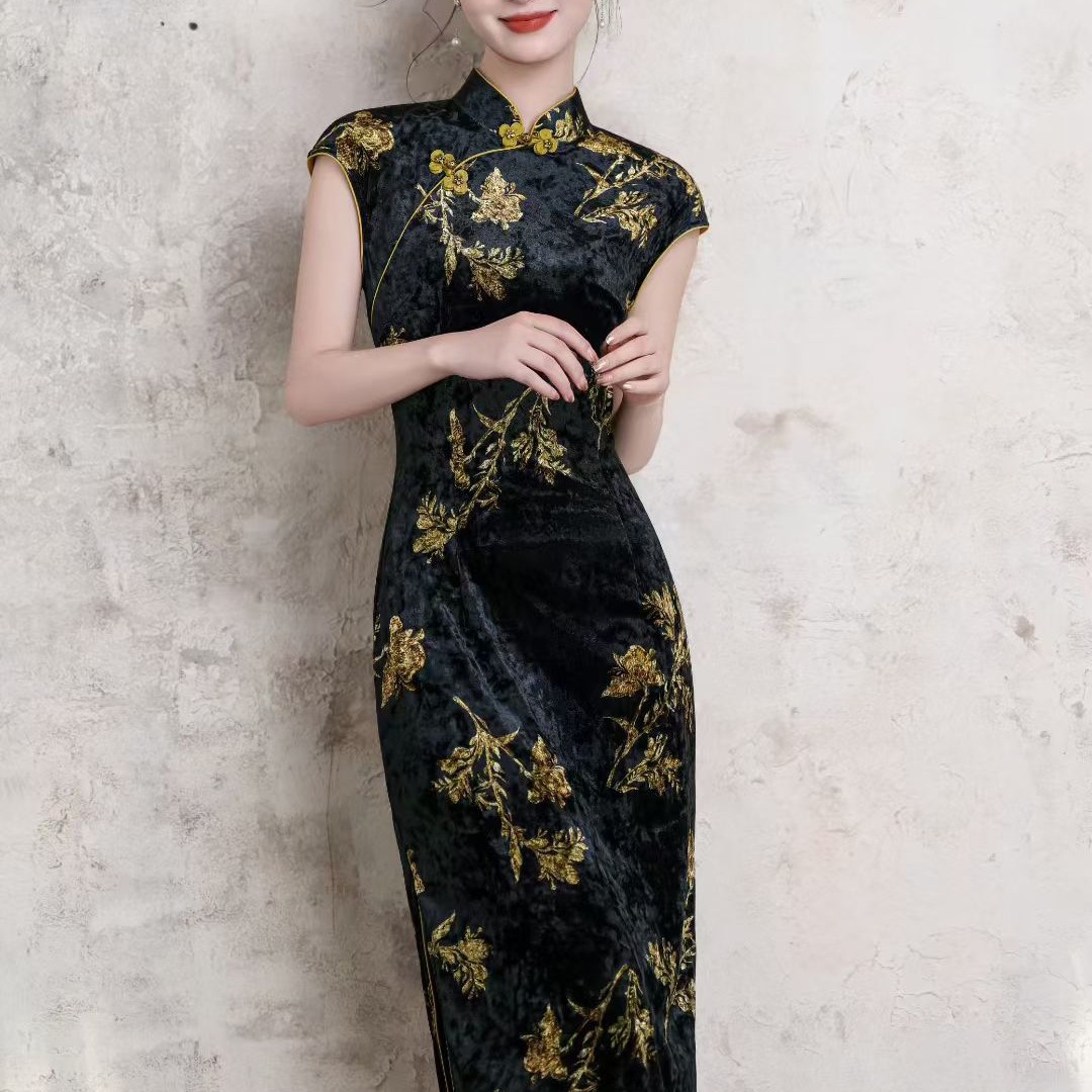 新中式日常旗袍黑色复古改良夏季新款气质年轻长款修身显瘦时尚