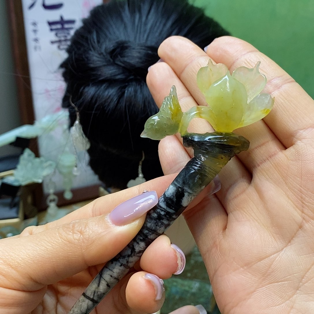 蛇纹石玉发簪未镶嵌你**字