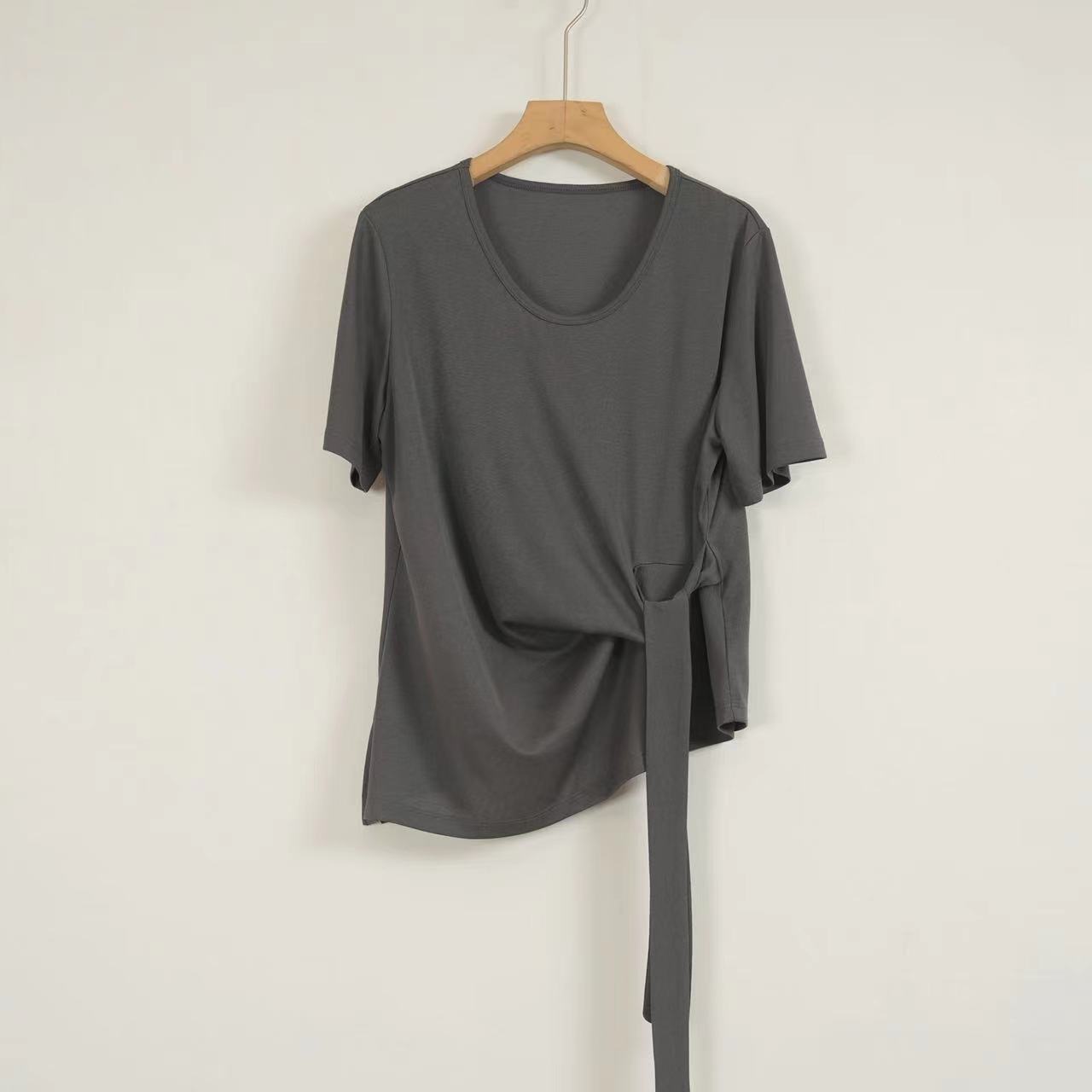 【0926】短袖T恤~冰感十足～时尚U领侧面绑带显瘦休闲不规则短袖T恤