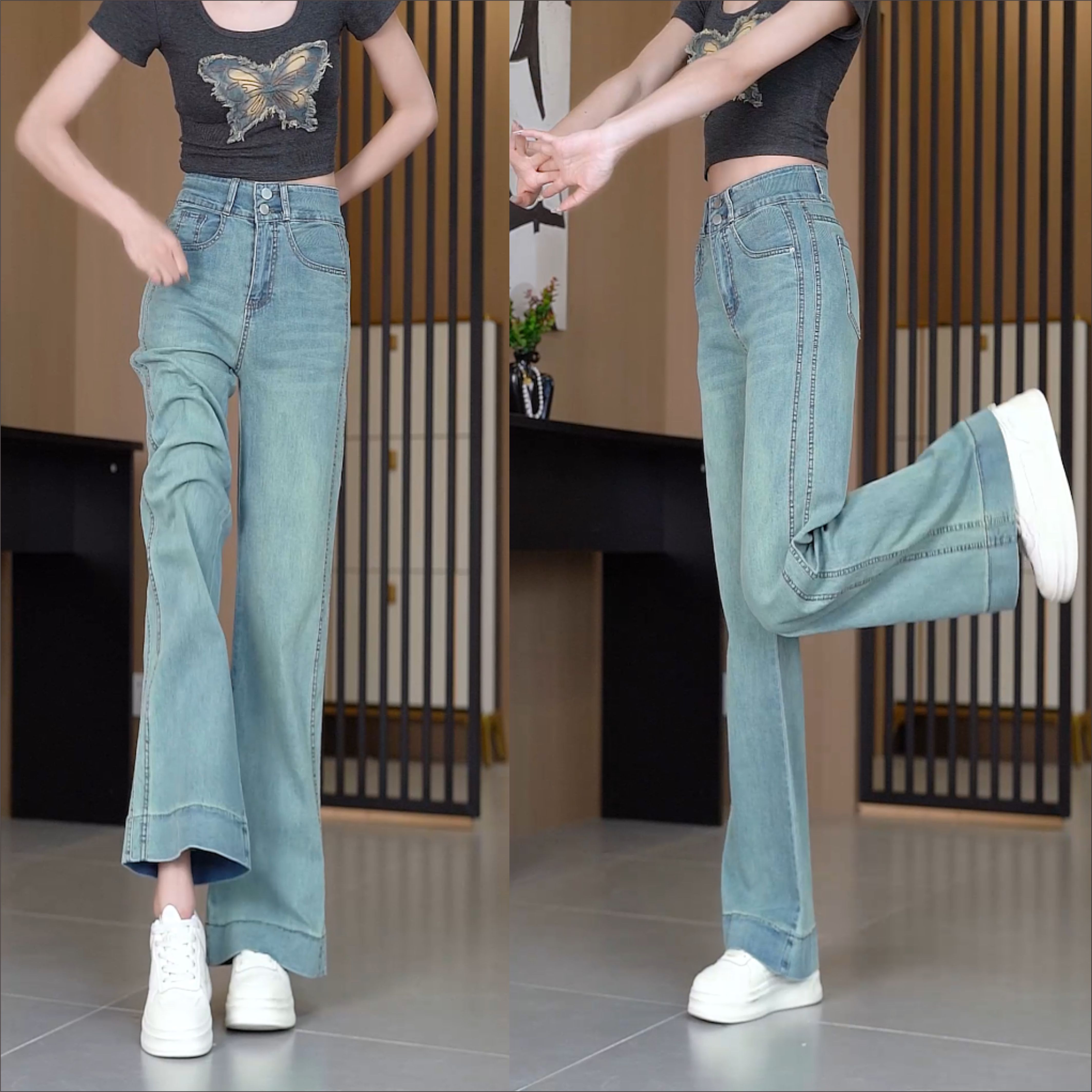 2025秋款中高腰微弹窄版阔腿裤时尚百搭休闲加绒牛仔裤双中线喇叭