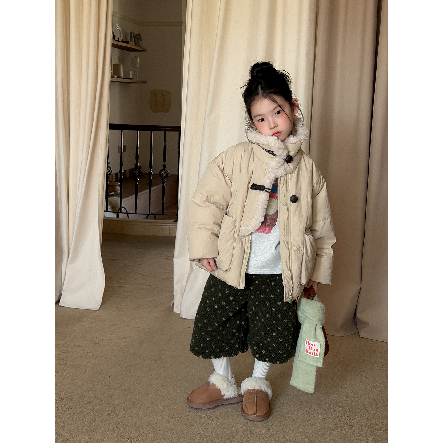 Harper kids 韩版儿童潮流百搭拼接毛毛羽绒服外套 H25A181022
