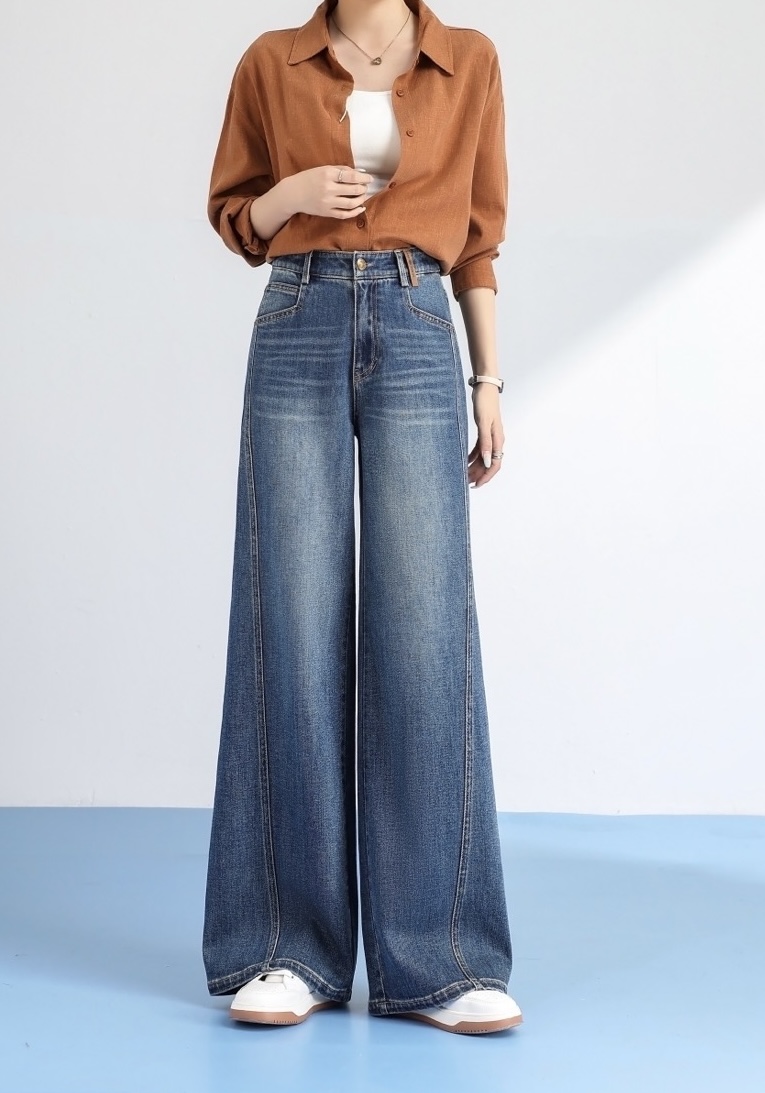 重工艺A版直筒裤2025秋款阔腿裤女牛仔裤复古高腰长裤5223