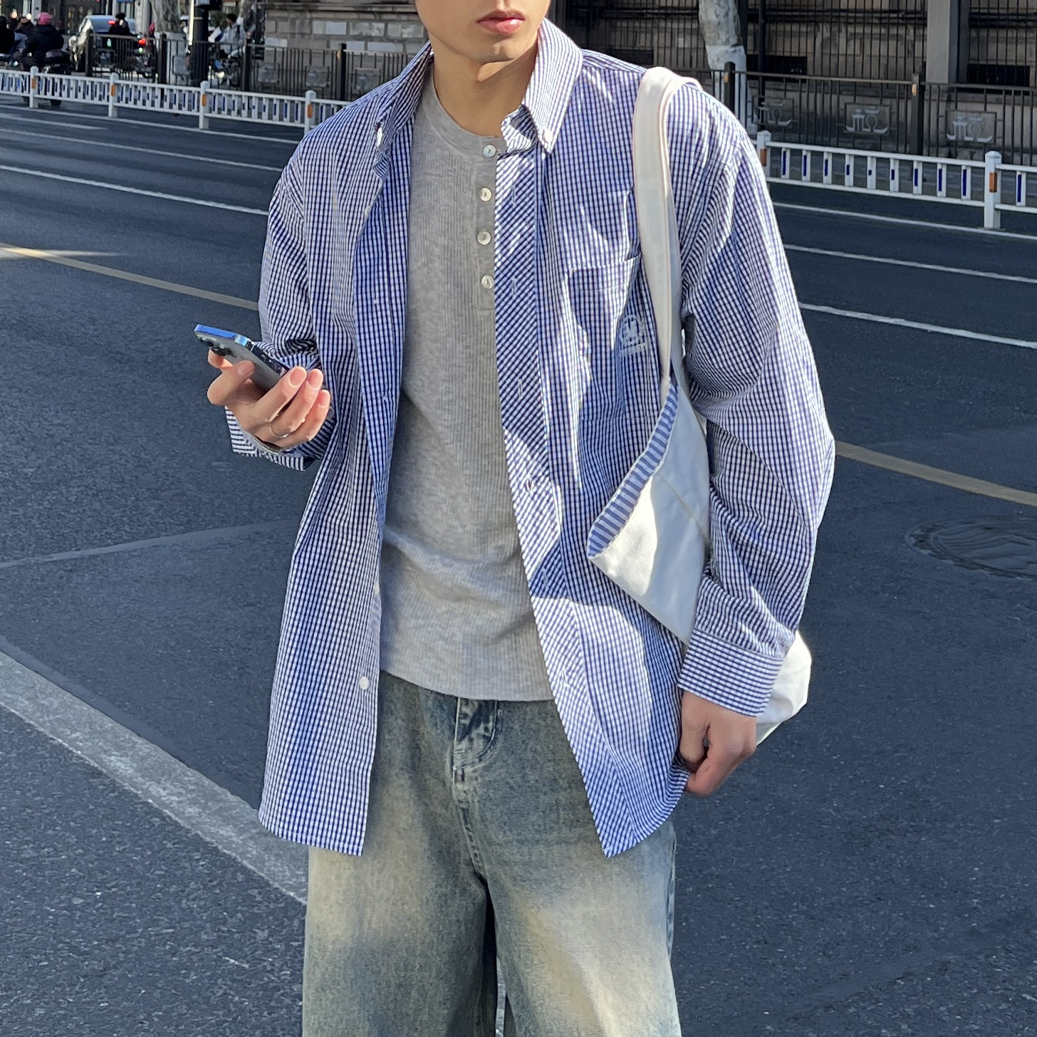 复古蓝色格子长袖衬衫宽松休闲慵懒风潮流外套