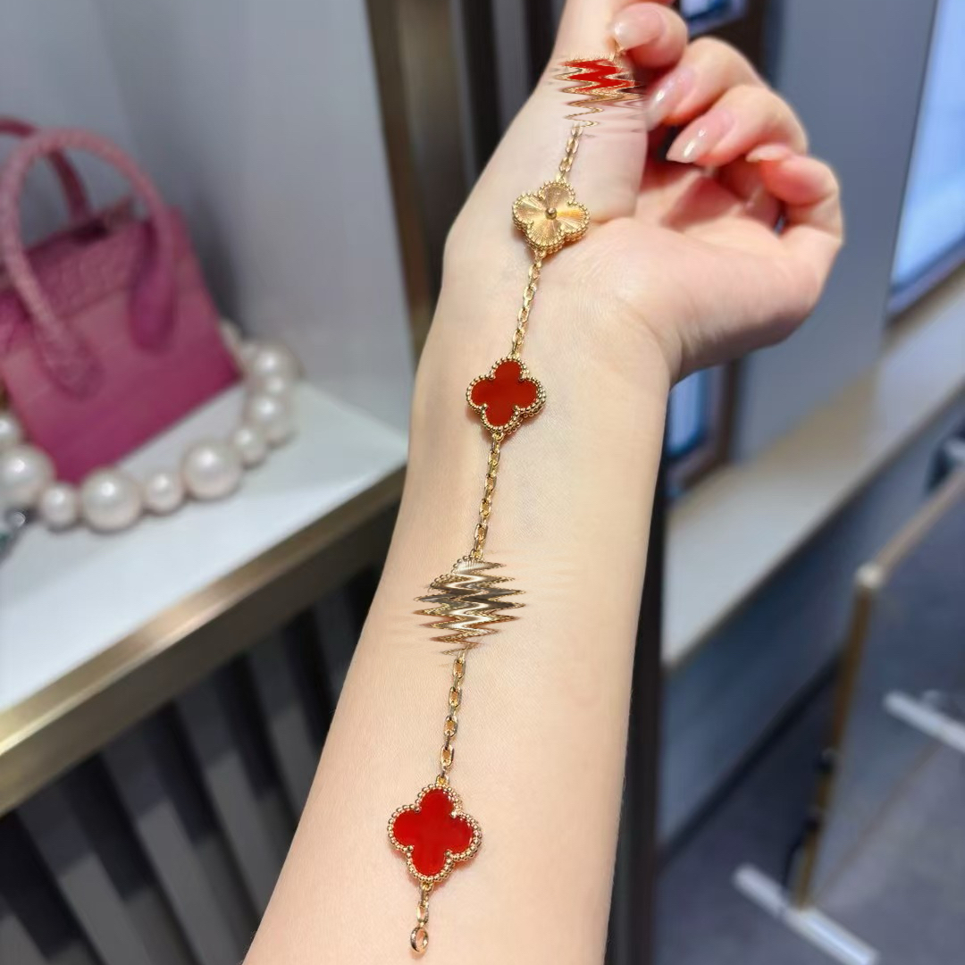 925银手链  红色小花镭射小花五花手链