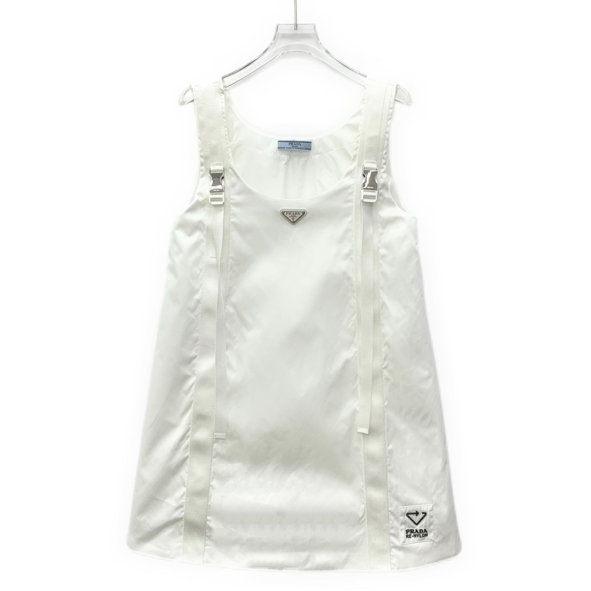 95新 Prada/普拉达 CW0515 白色三角标圆领无袖背带连衣裙 38 S码