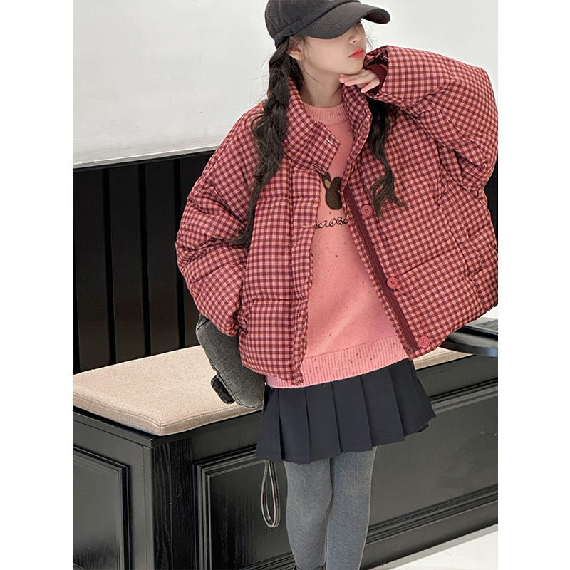 K27702反季清仓孙小美KIDS女童格子羽绒服冬装短款外套加厚女孩