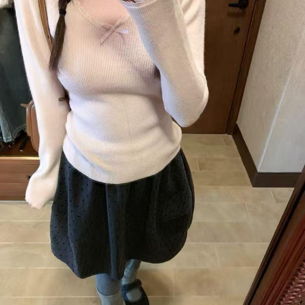 【dd】 绵绵软语 V领蕾丝加厚针织打底衫女秋冬基础修身显瘦上衣