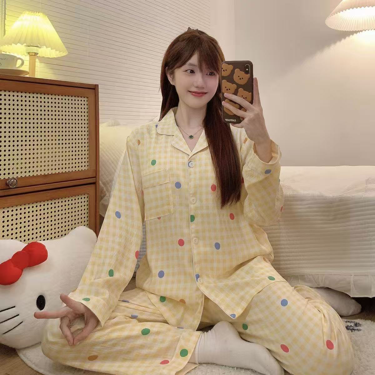 带胸垫云朵棉两件套睡衣女春秋长袖长裤卡通可爱少女休闲家居服