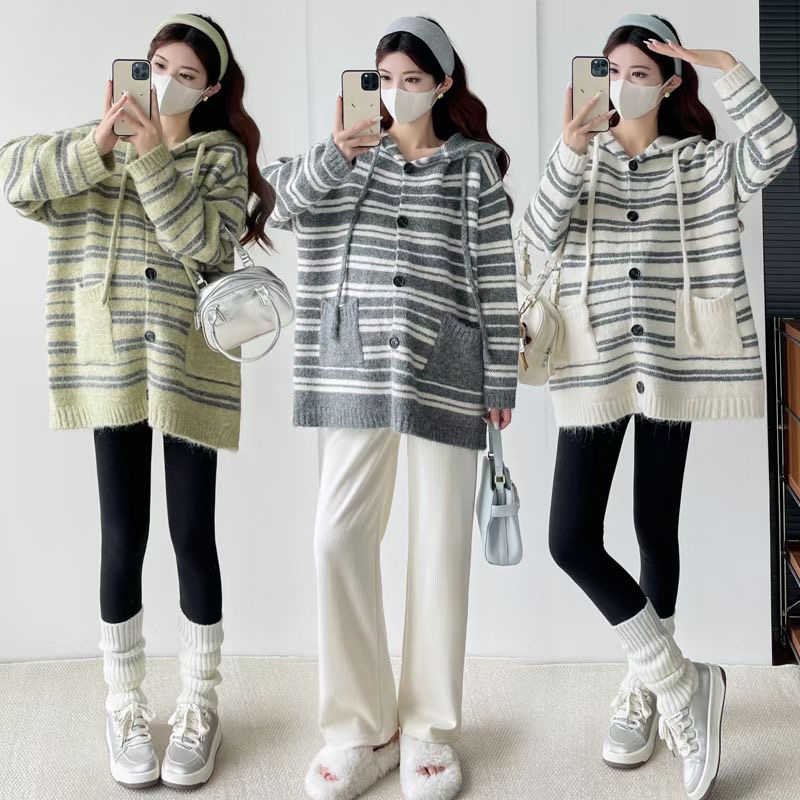 孕妇秋冬装宽松慵懒风条纹针织连帽毛衣外套上衣