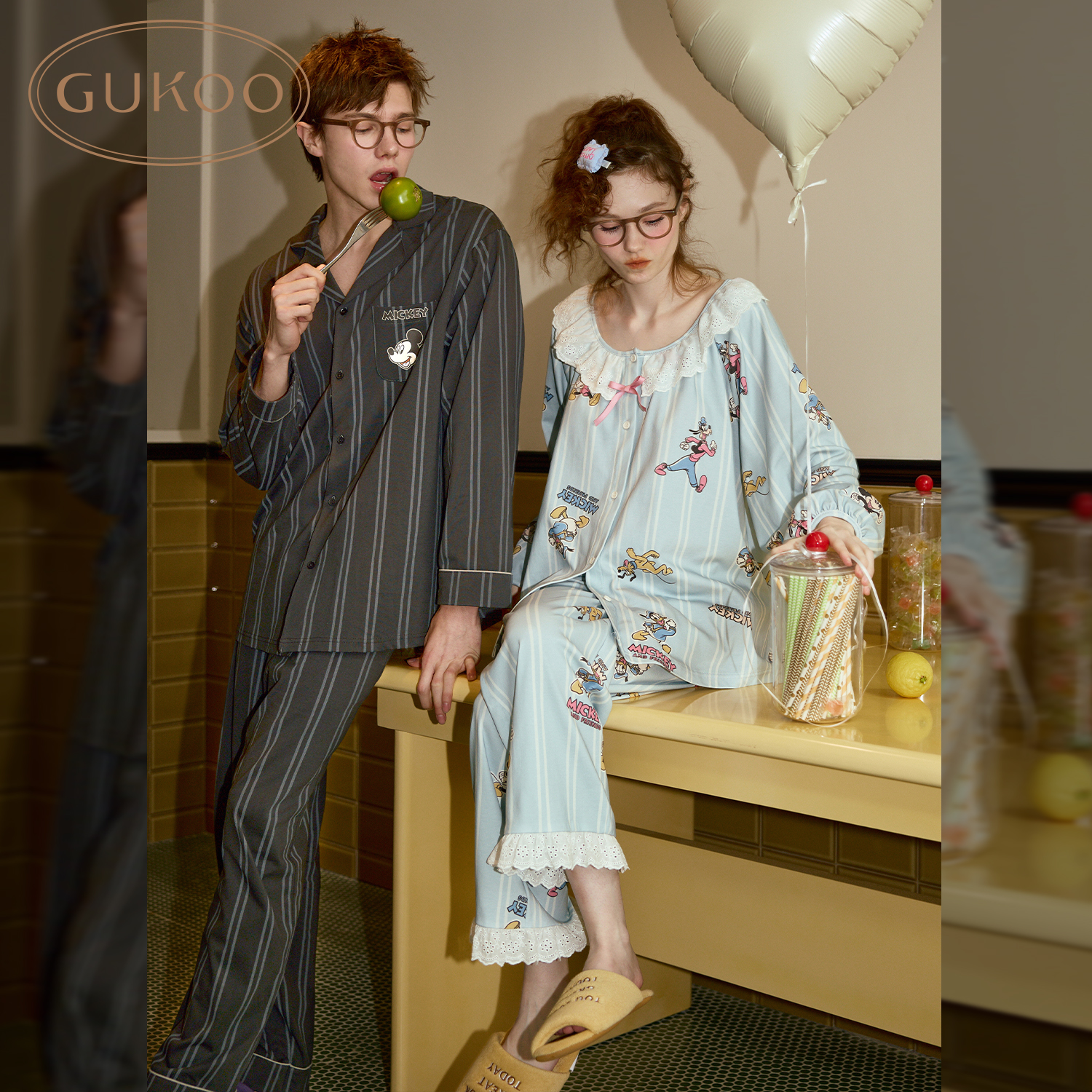 Gukoo/果壳秋冬睡衣情侣套装男女迪士尼米奇联名纯棉舒适蓝色