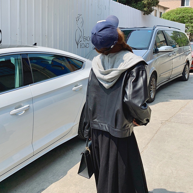 连帽拼接假两件皮衣外套女短款春季小个子鞋子休闲皮夹克上衣潮流