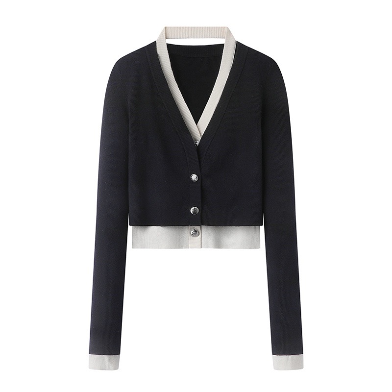 艾家针织衫女短款显瘦时尚女2025春新款毛衣假两件针织开衫8132