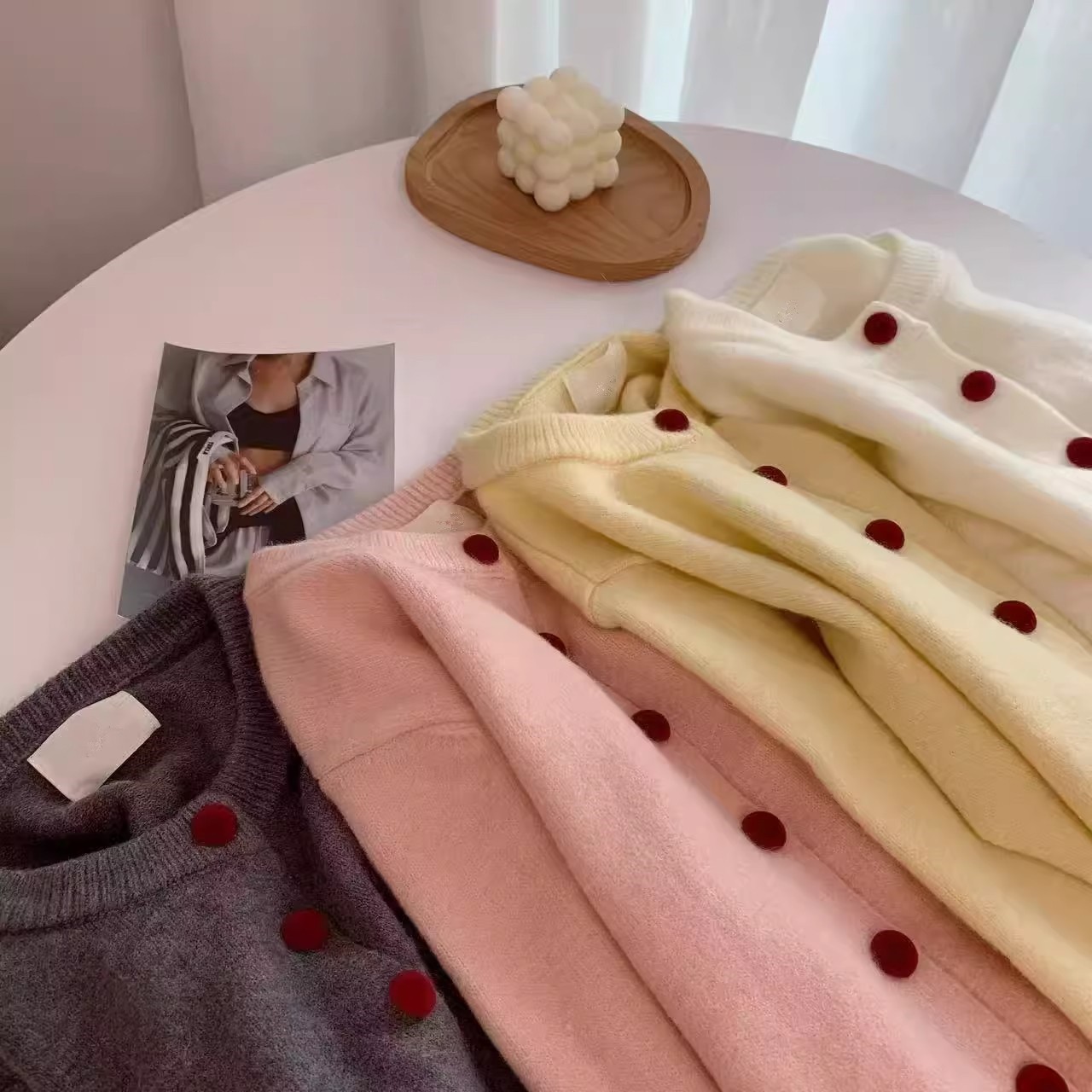 春秋韩版复古纯色圆领长袖开衫外套女通勤简约百搭软糯针织衫毛衣