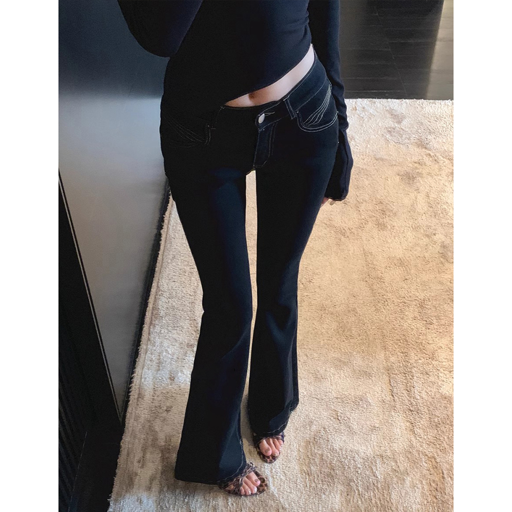 辣妹低腰黑色微喇牛仔裤女秋季修身显瘦紧身弹力直筒喇叭马蹄裤子