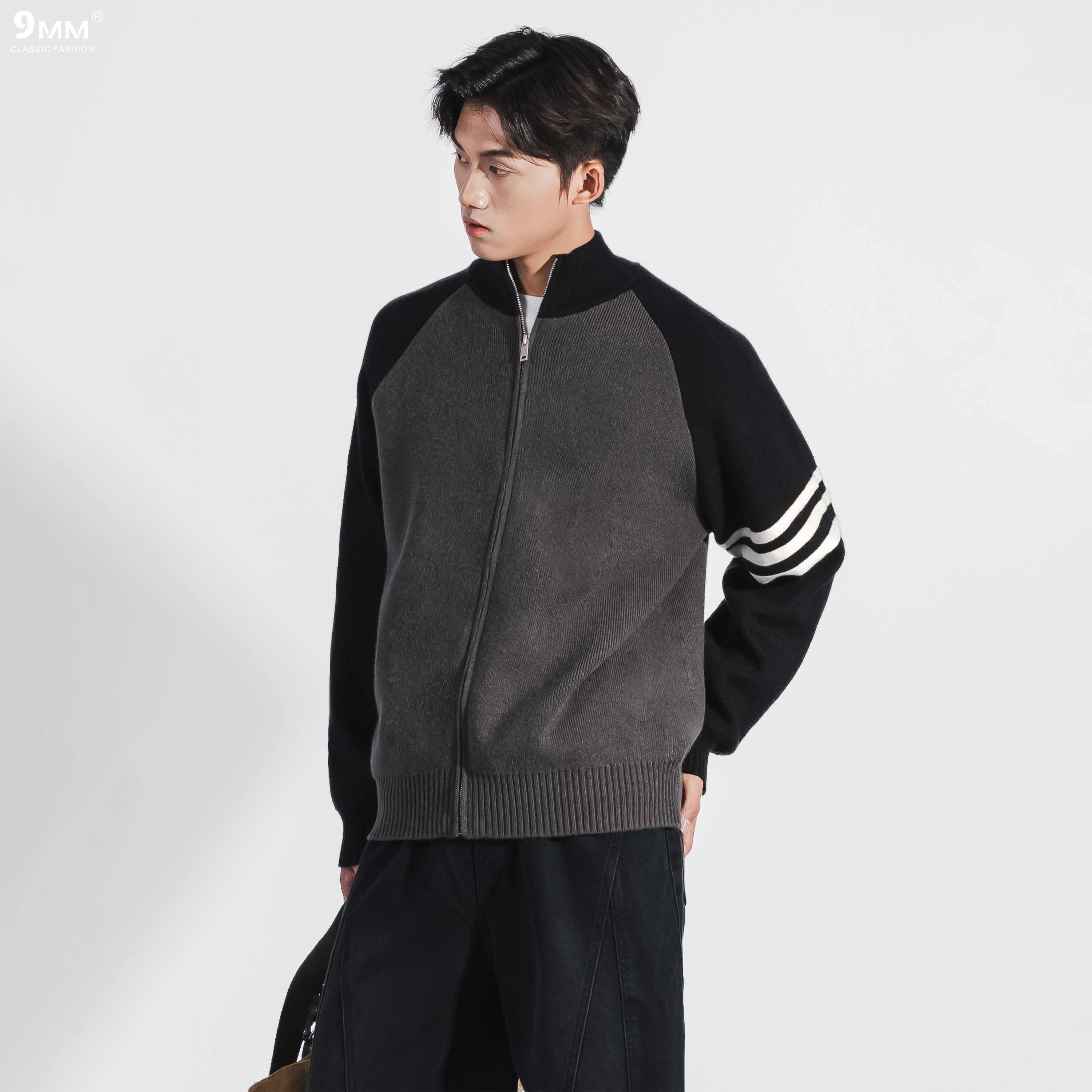 9MM秋款重磅百搭针织外套手工织带撞色拼接男士毛衫