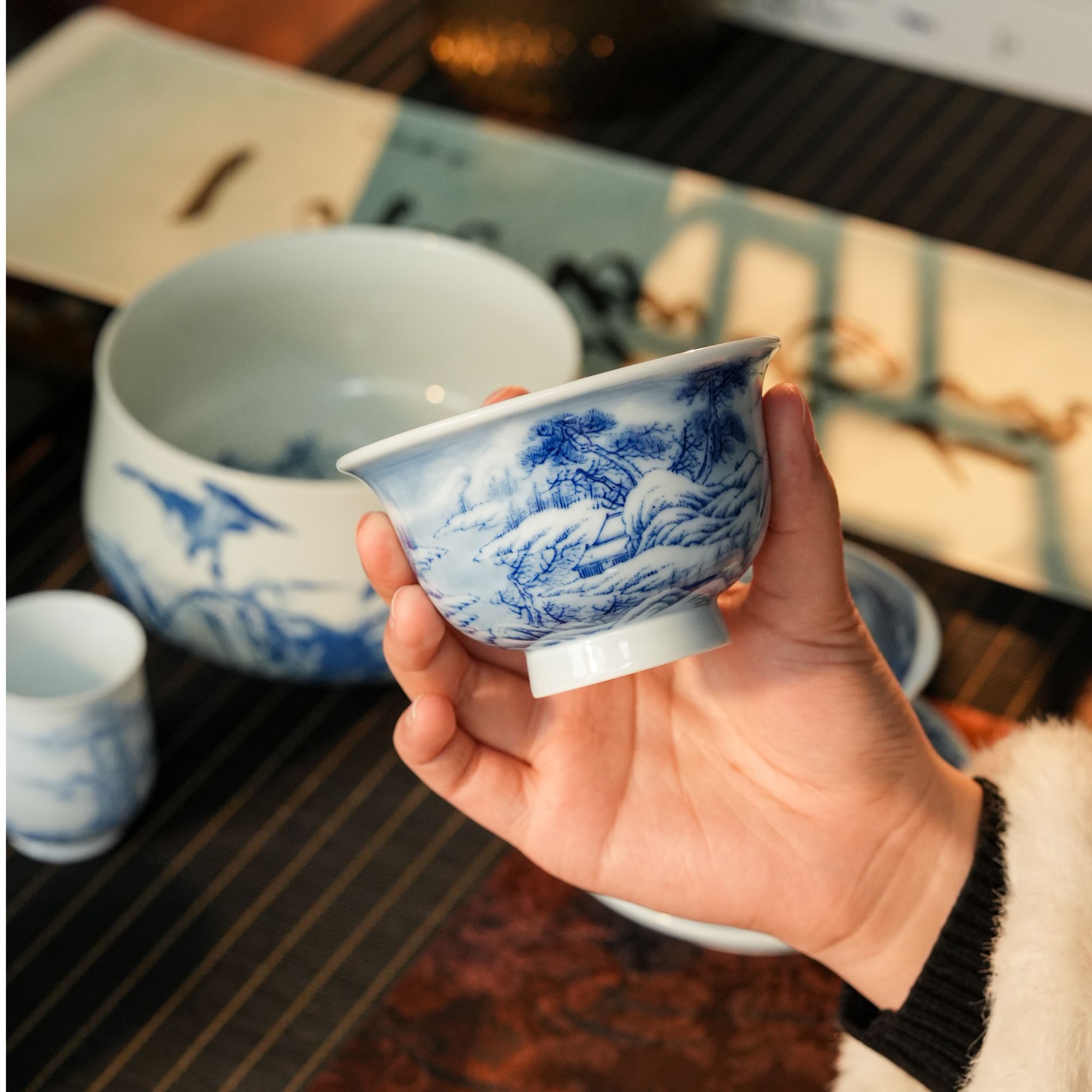 【小乔赏瓷】画堂春探雪图卷大压手杯 htc1362