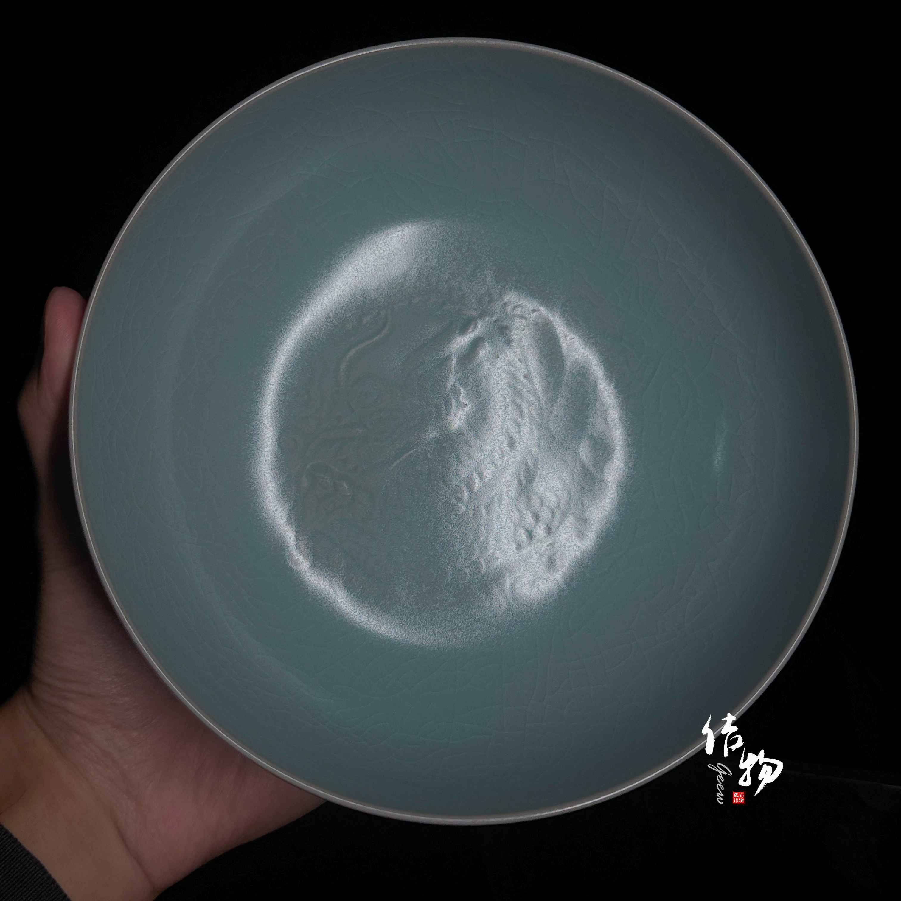 【宋器复烧】复烧北宋汝窑天青釉刻花海龙钵（18cm）