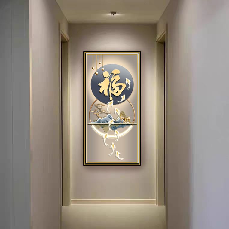 高档大气轻奢九鱼图福字玄关玻璃装饰画走廊过道挂画