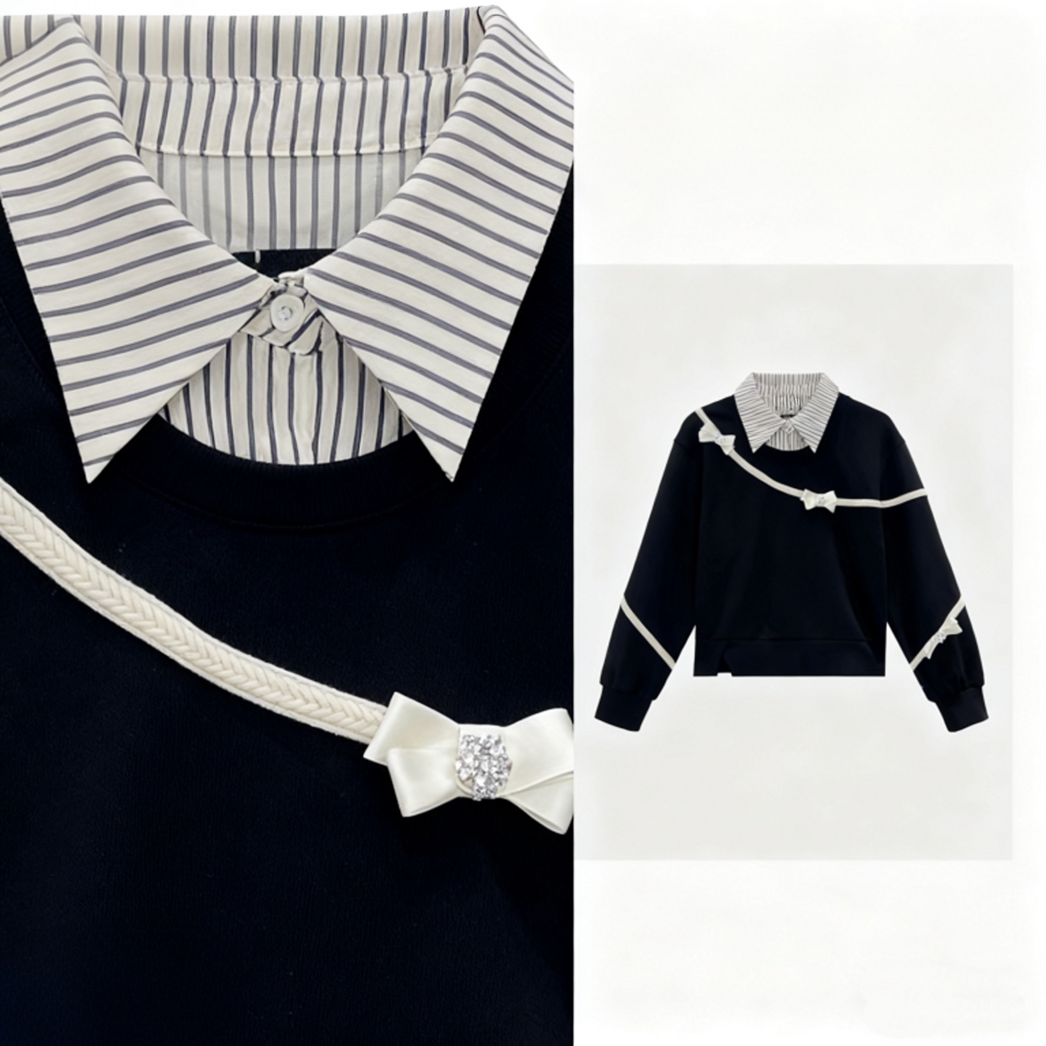 COCO-B601长袖设计小众立体蝴蝶结POLO翻领领假两件拼接新款卫衣