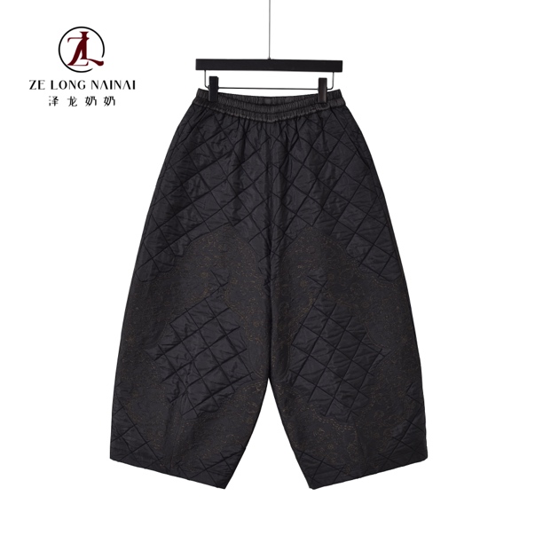 798菱格暗绣棉裤女冬季宽松显瘦阔腿裤复古刺绣保暖夹棉裤