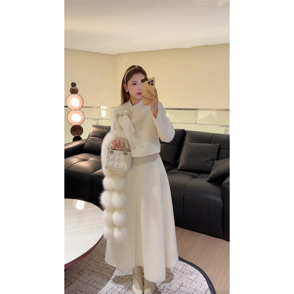 NN CHIC女秋冬双排扣胸针上衣半身裙双面呢羊毛套装6202