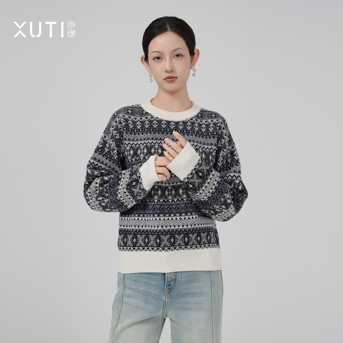 序缇『松茶可可』新中式100%绵羊毛针织上衣女秋新款毛衣J70-21621