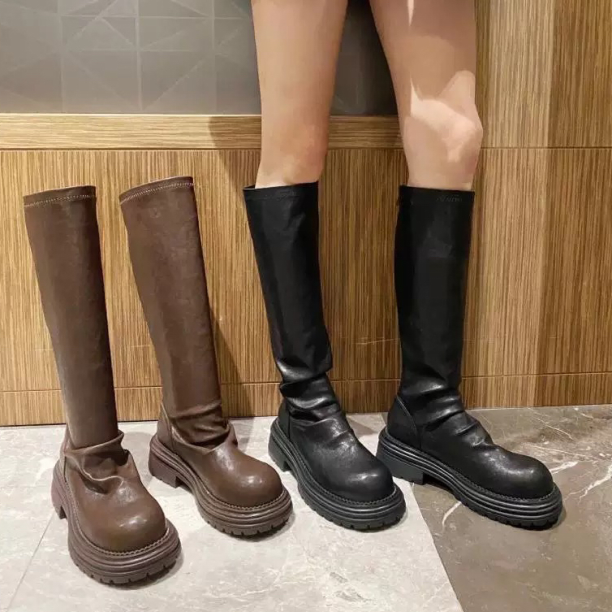 B012206-2长筒靴女秋冬小个子增高显瘦高筒褶皱堆堆长靴骑士靴