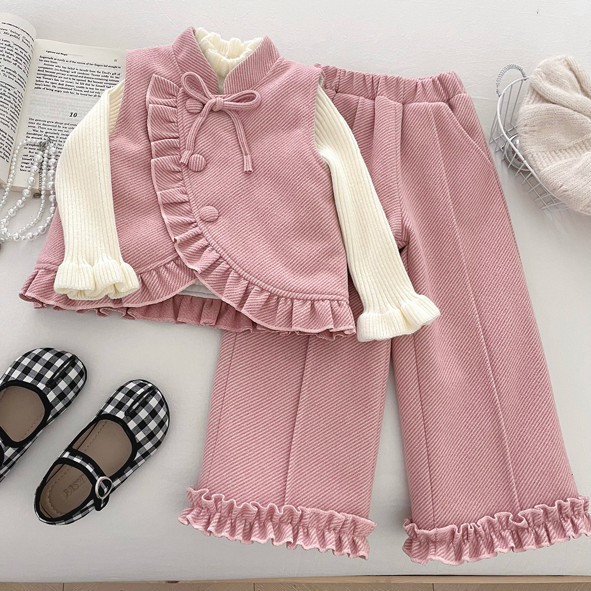 【升级款加厚】2025女童秋冬季粉色洋气上衣内搭长裤套装加棉三件套
