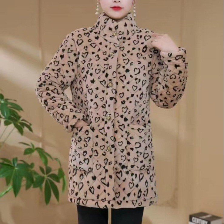 加绒保暖中老年妈妈装棉衣棉服秋冬立领加厚中长款棉袄印花上衣