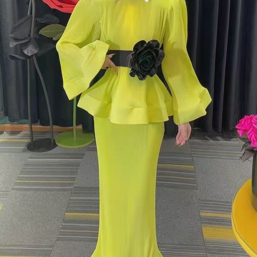 欧美跨境秋冬新款褶皱垂感套装法式气质长袖