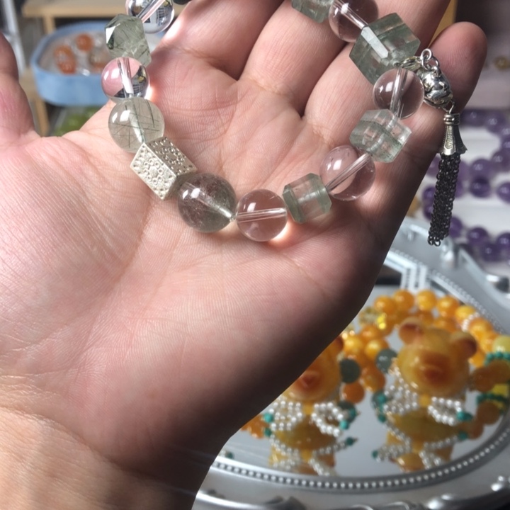 水晶手链银S925镶嵌绿幽灵