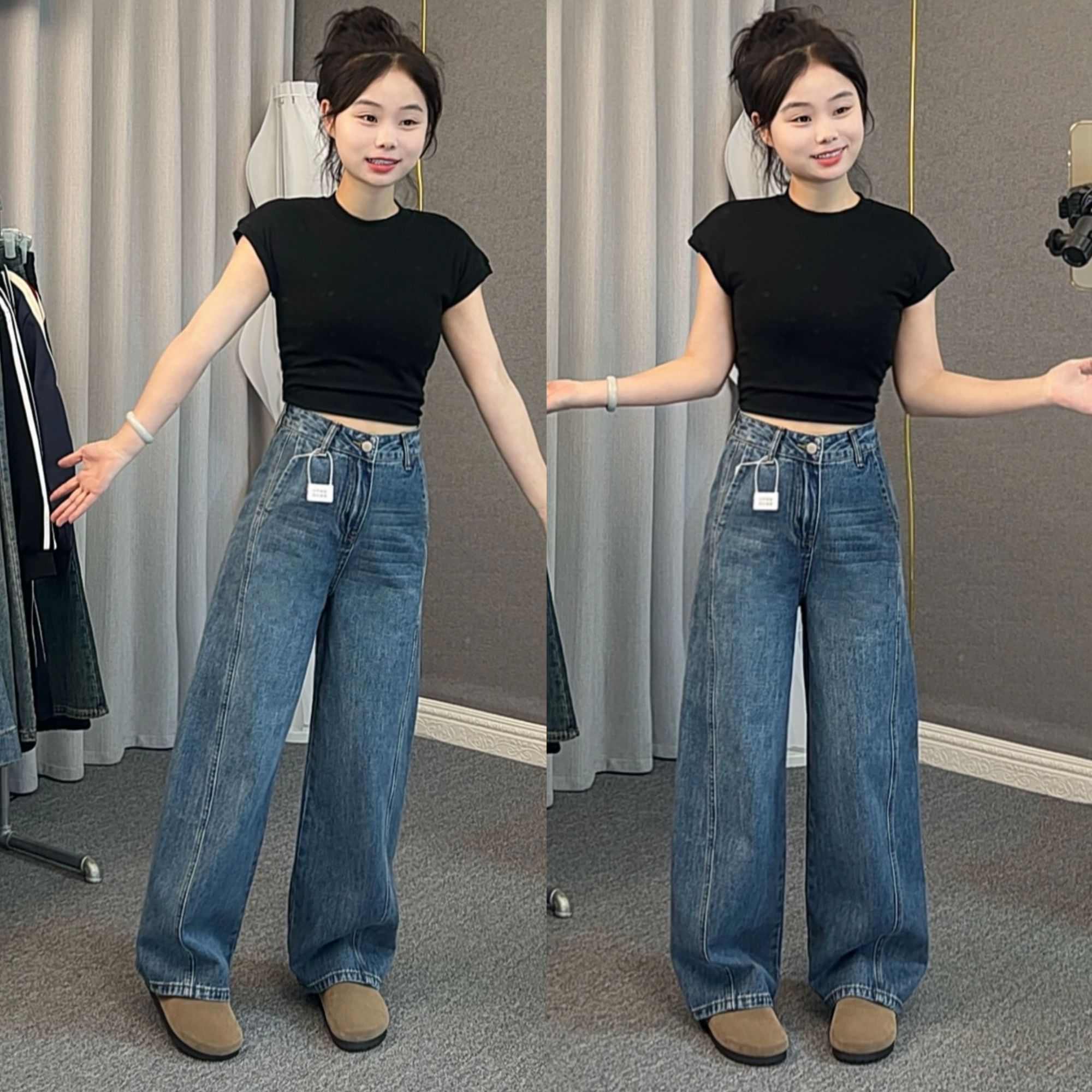 镰刀牛仔裤高腰显瘦百搭复古蓝设计感阔腿小个子弯刀牛仔裤裤子