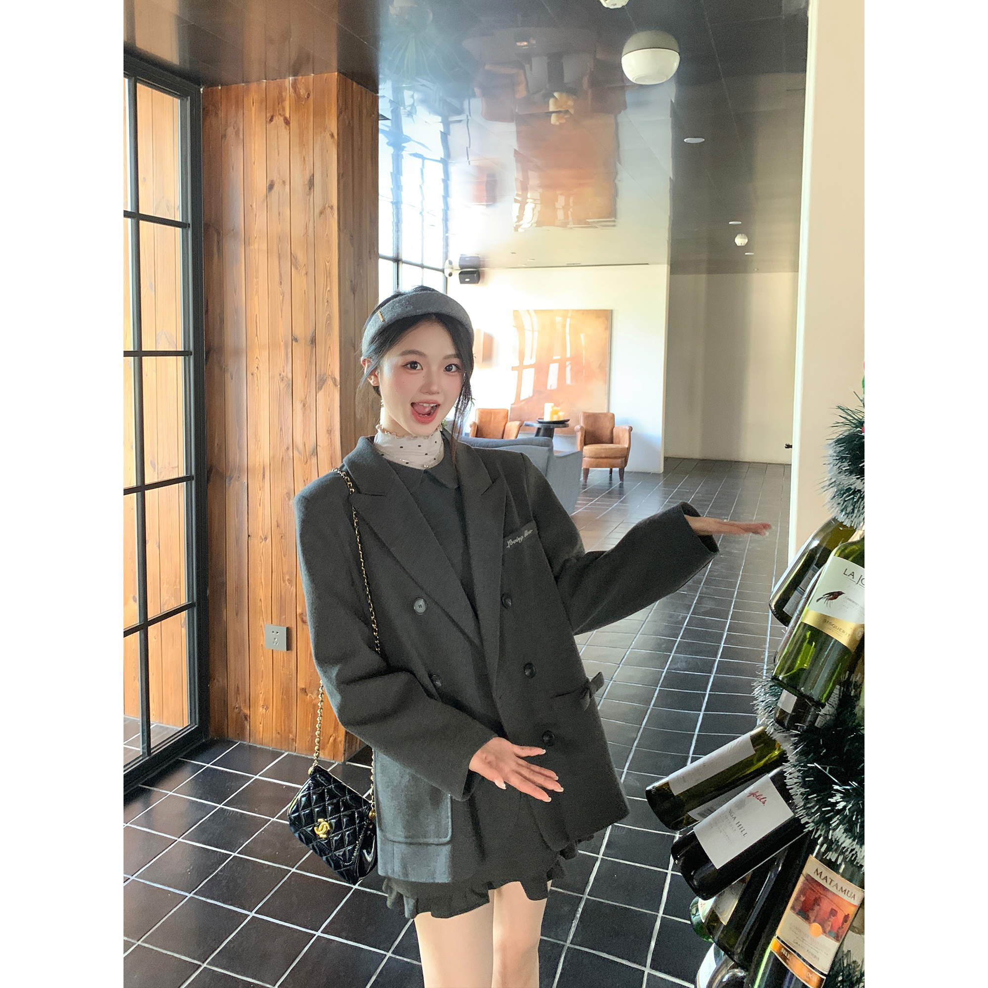 切糕自制【miu系恋人】小个子秋流光风百搭连衣裙波点打底毛呢外套