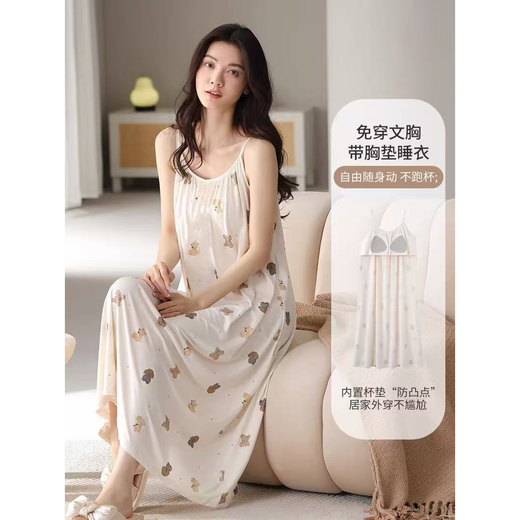 满印小熊带胸垫吊带长裙