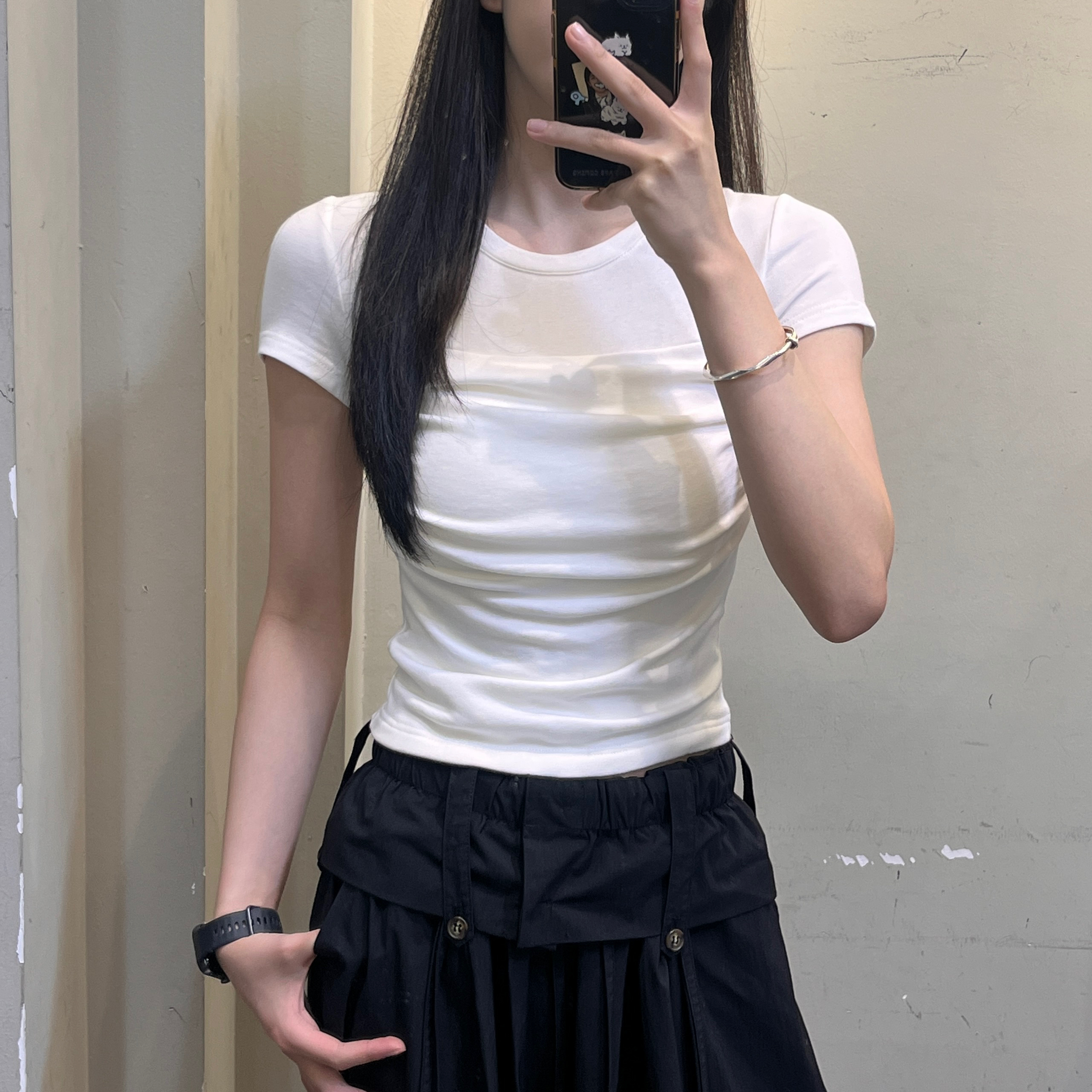 范范与凡凡【夏日律动】压褶显瘦拼接设计圆领T恤弹力修身百搭上衣