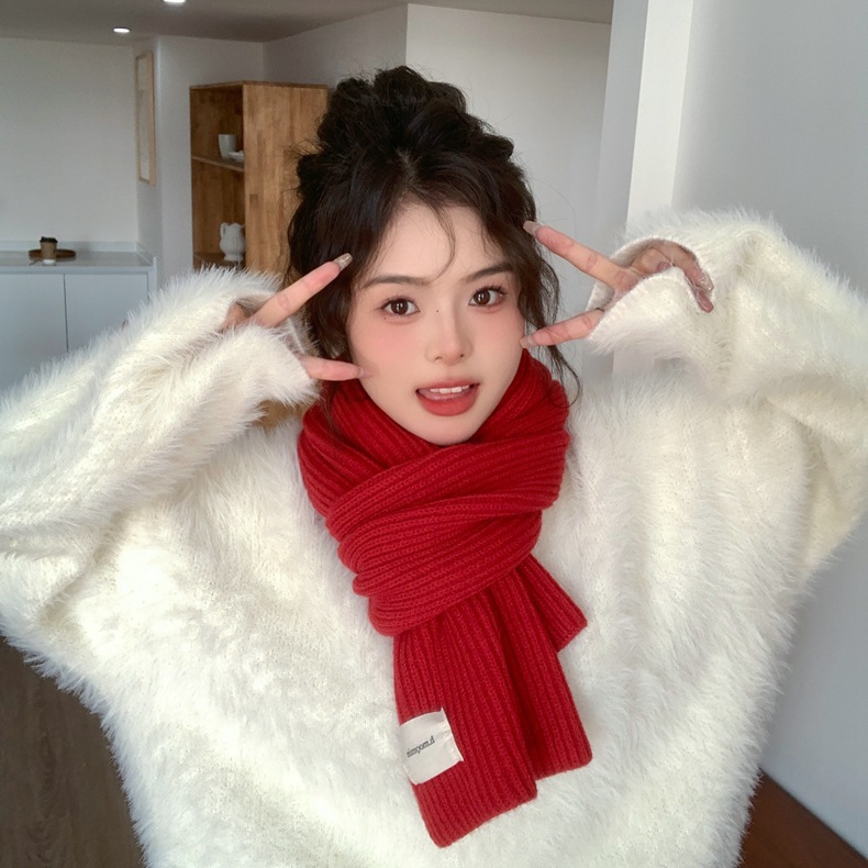 [pf026]秋冬针织毛线围巾女时尚百搭柔软防寒保暖纯色红色围巾