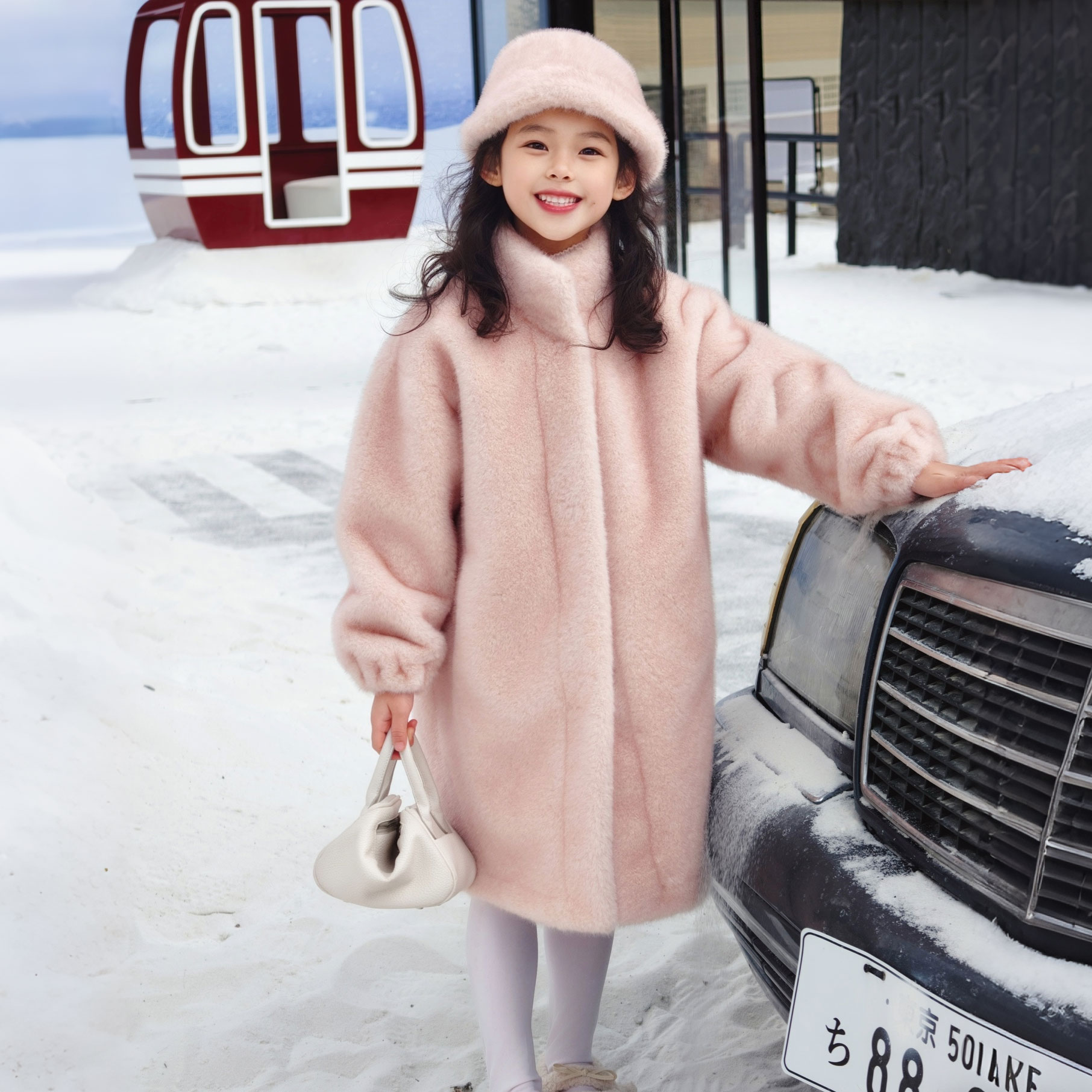 女童毛毛外套冬季女宝环保仿水貂毛棉袄中长款皮毛一体大衣送帽子