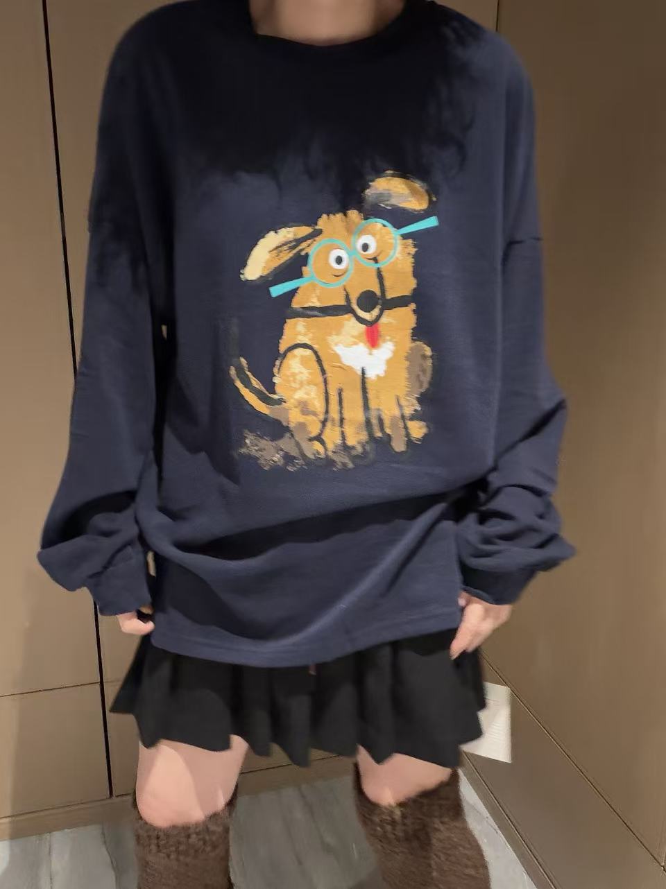 韩版秋冬新款潦草小狗打底衫女上衣