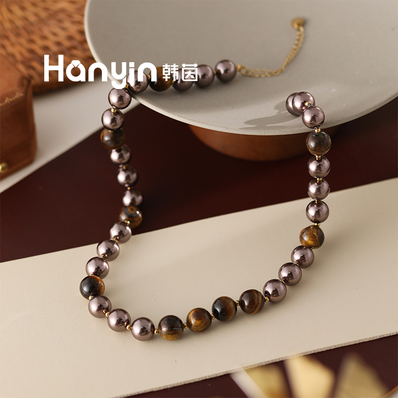 10mm木变石虎眼石施家摩卡棕珠珠不掉色项链宴会优雅女神锁骨链