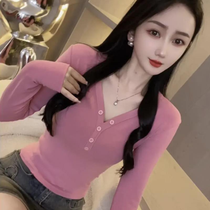 纯欲V领半钮扣长袖t恤女2025夏季新款设计感小众百搭修身显瘦上衣