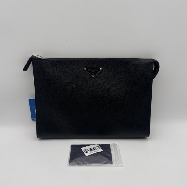 99新 Prada/普拉达 黑色十字纹手拿包/男士芯片款2905
