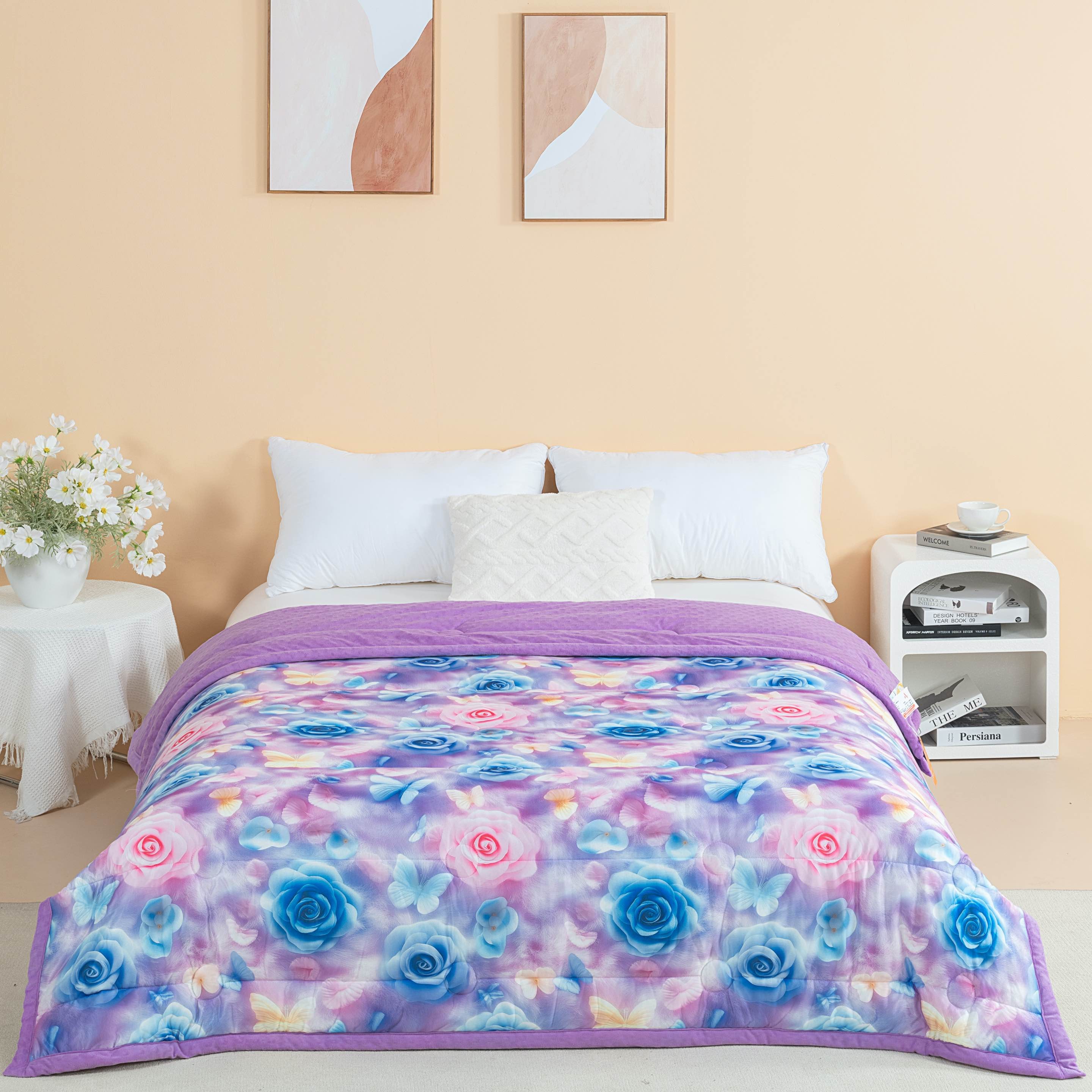 2025新款5D印花加厚豆豆绒双人被子 蝶恋花紫